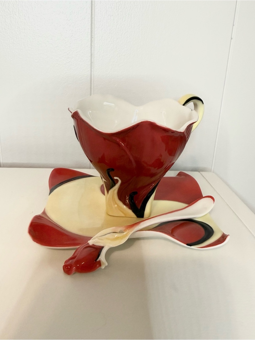 Sculpted FRANZ Blossom Rose Teacup Saucer & Spoon